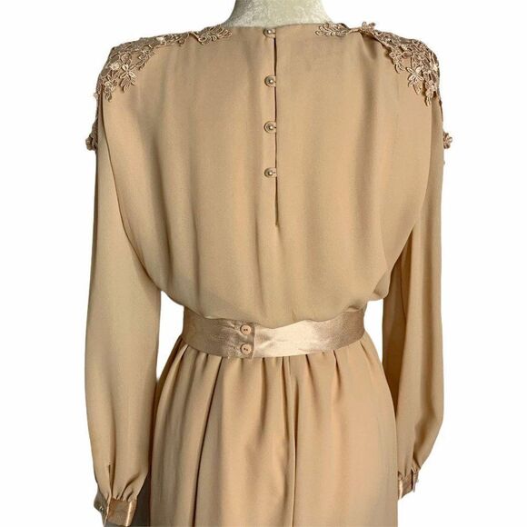 Vintage 80s Pleated Chiffon Midi Dress M Pink Embroidered Applique Satin Belt - Picture 6 of 11